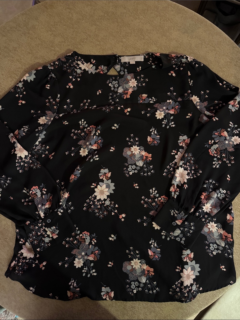 LOFT Black Floral Blouse with Pink and Blue Blooms